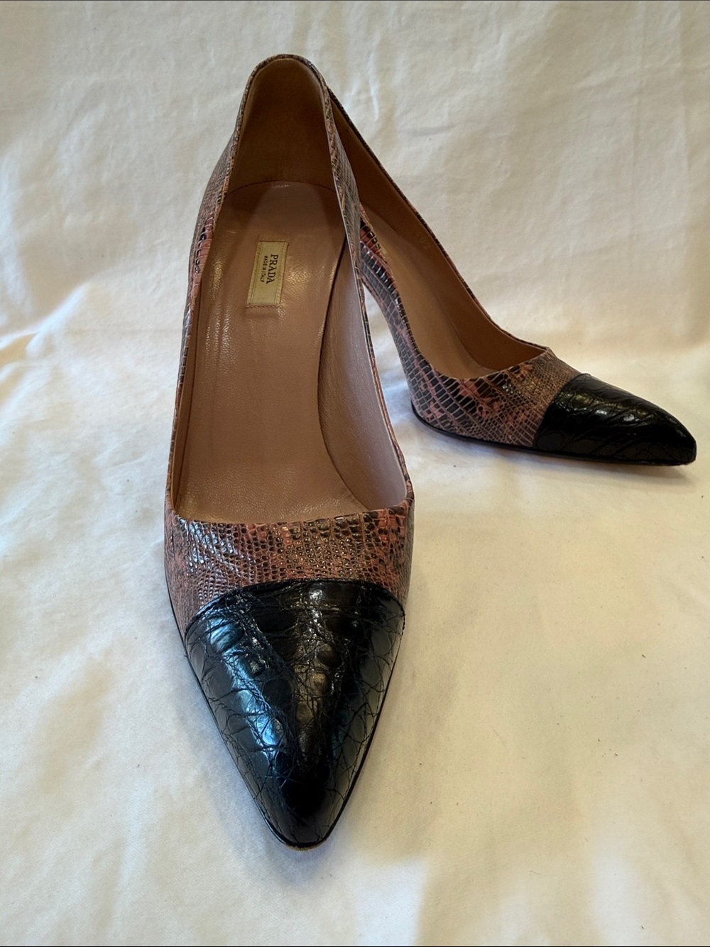 Prada Two-Tone Snake and Alligator Embossed Pointed Toe Pumps in Black and Mauve